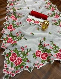 AAGAM Organza Silk Shaded Multi Thread Work White Sarees With 2 blouse Pieces - Free Size, White, Organza, Pack of1